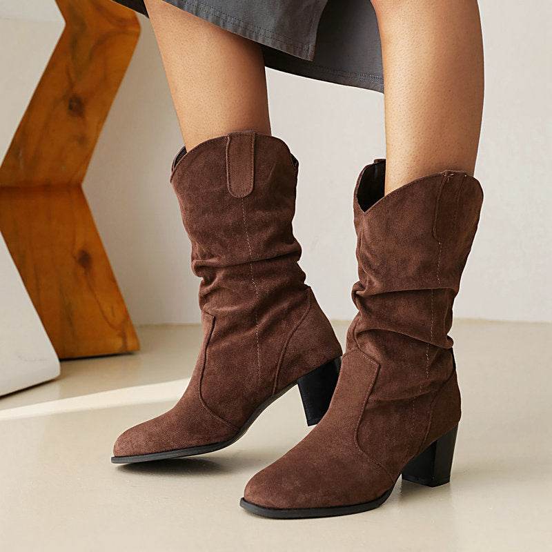 Chunky Heel High Heel Frosted Mid-calf Boots For Women - Mubimart