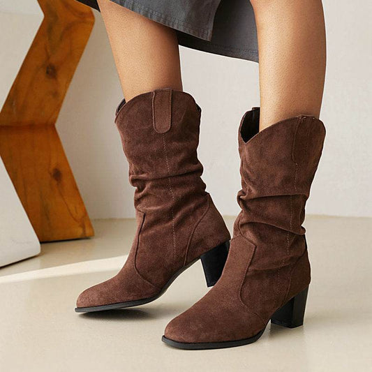 Chunky Heel High Heel Frosted Mid-calf Boots For Women - Mubimart