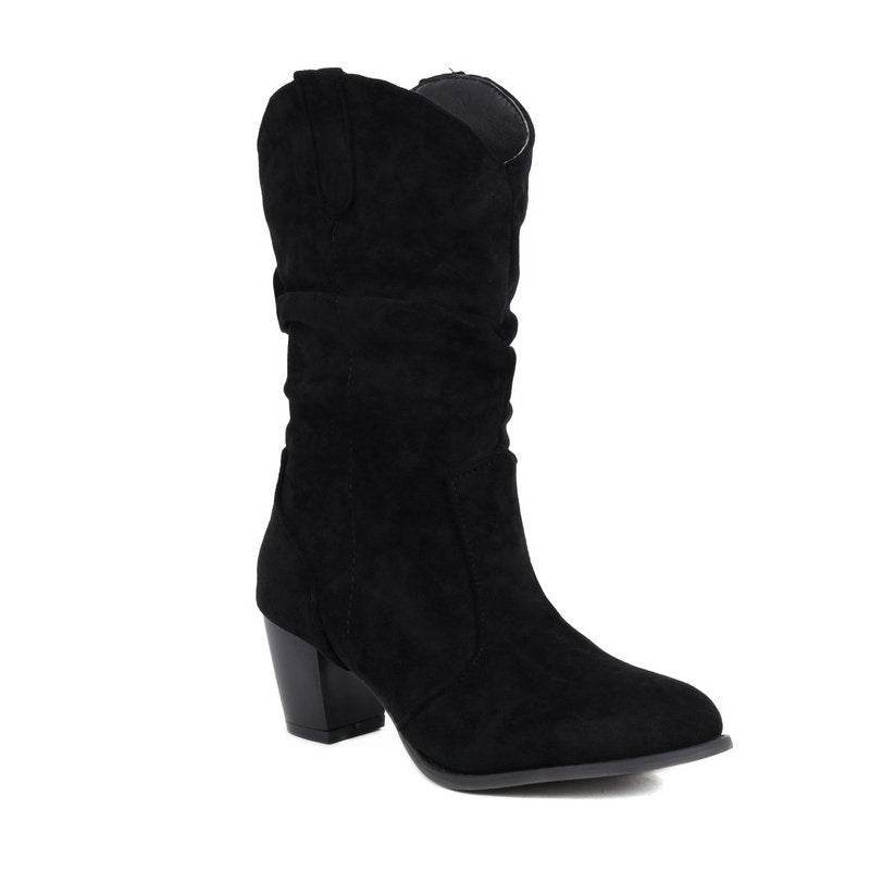 Chunky Heel High Heel Frosted Mid-calf Boots For Women - Mubimart