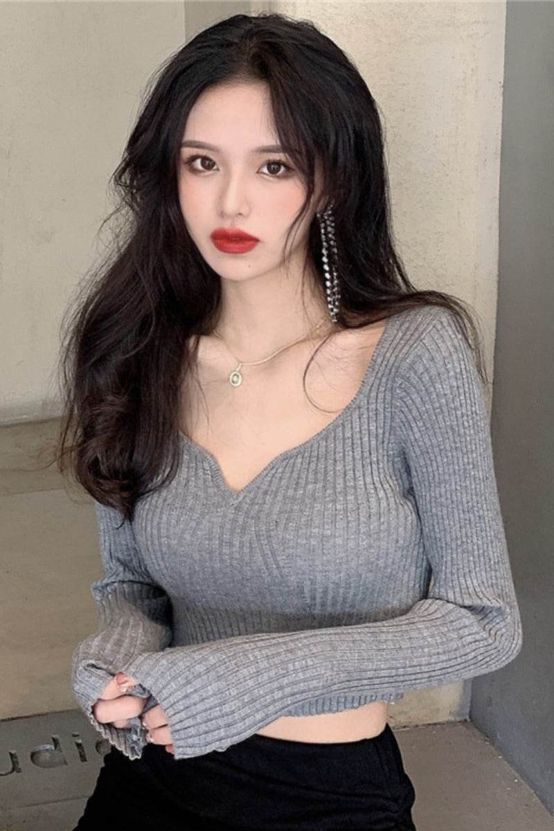 Knitted Bottoming Shirt All-Match Slimming Short Crop Top Women - Mubimart