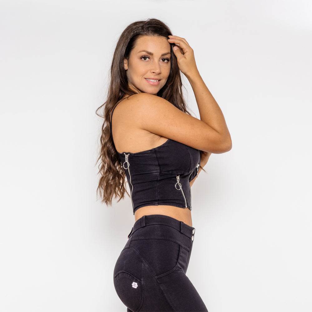 Shascullfites Melody Black Denim Shapers Jeans Camis Zippers Crop Top Women Slim Fit Tops Sleeveless Straps Tank Top - Mubimart