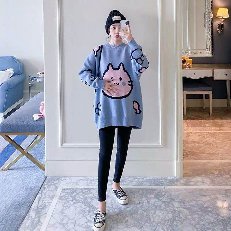 Maternity Clothes Loose Thick Plus-sized Cartoon Sweater Maternity Top - Mubimart
