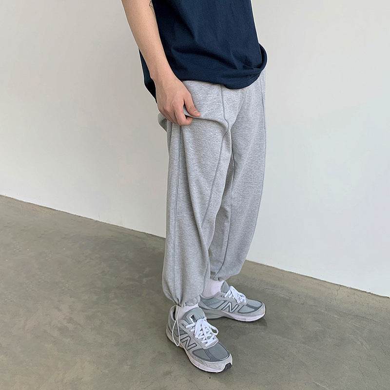 Men's Knitted Gray Sports Wide Legs Drawstring Jogger Pants - Mubimart