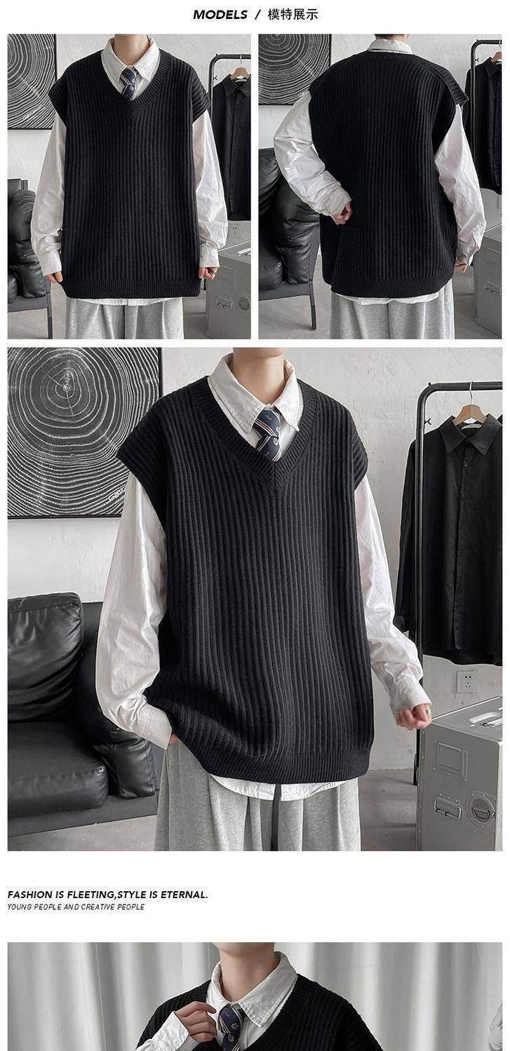 Men's V-neck Sweater Plus Size Vest Knitted Autumn And Winter College Style Waistcoat Vest Coat - Mubimart