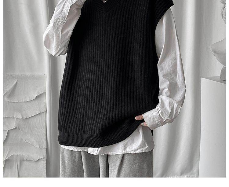 Men's V-neck Sweater Plus Size Vest Knitted Autumn And Winter College Style Waistcoat Vest Coat - Mubimart
