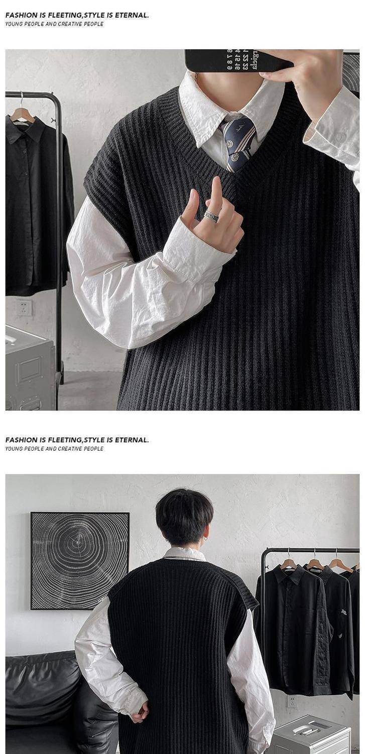 Men's V-neck Sweater Plus Size Vest Knitted Autumn And Winter College Style Waistcoat Vest Coat - Mubimart