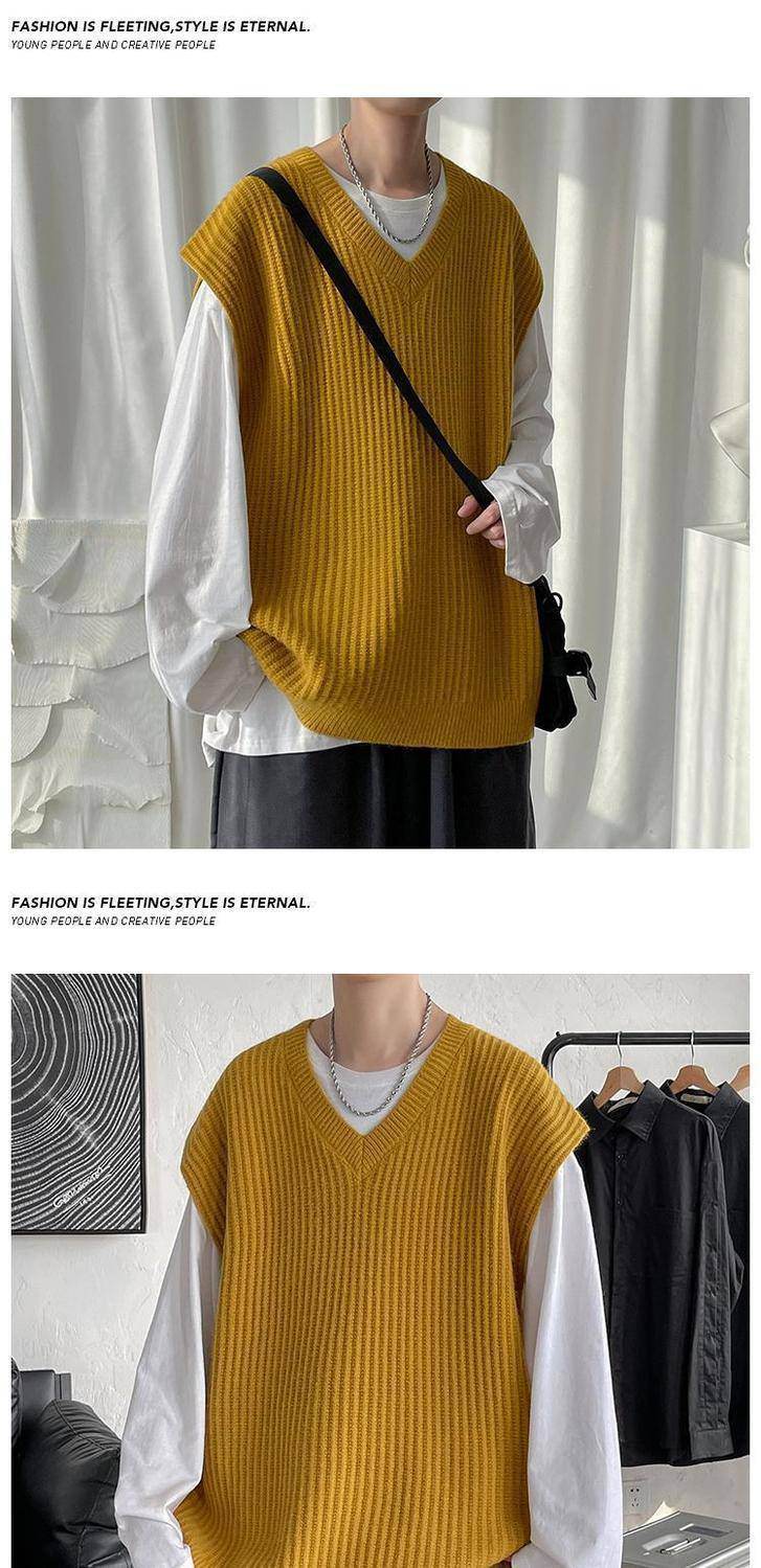 Men's V-neck Sweater Plus Size Vest Knitted Autumn And Winter College Style Waistcoat Vest Coat - Mubimart
