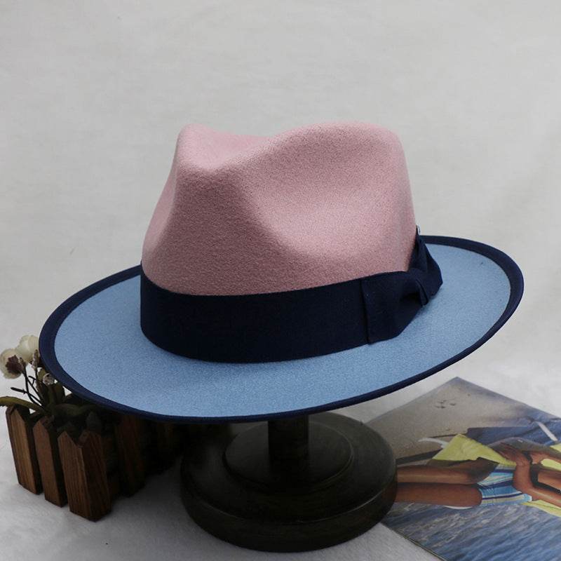 Men's Fedora Hat Felt Cap Dual-color Patchwork Felt Hat - Mubimart