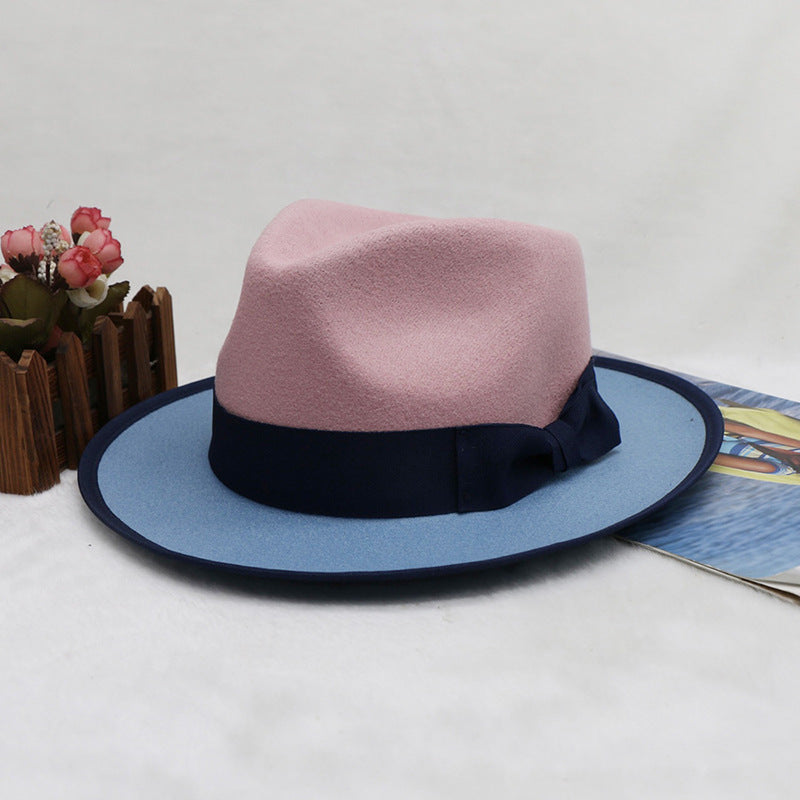 Men's Fedora Hat Felt Cap Dual-color Patchwork Felt Hat