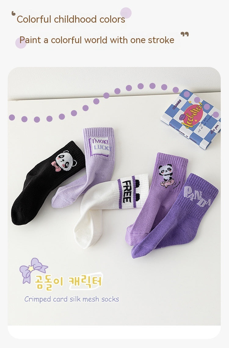 Autumn And Winter Purple Panda Cartoon Mid Tube Cotton Boys And Girls Athletic Socks - Mubimart -  