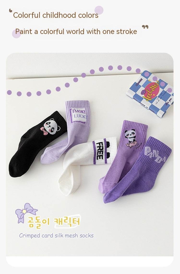Autumn And Winter Purple Panda Cartoon Mid Tube Cotton Boys And Girls Athletic Socks - Mubimart