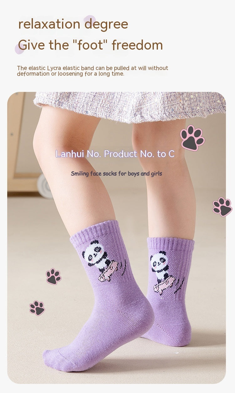 Autumn And Winter Purple Panda Cartoon Mid Tube Cotton Boys And Girls Athletic Socks - Mubimart -  