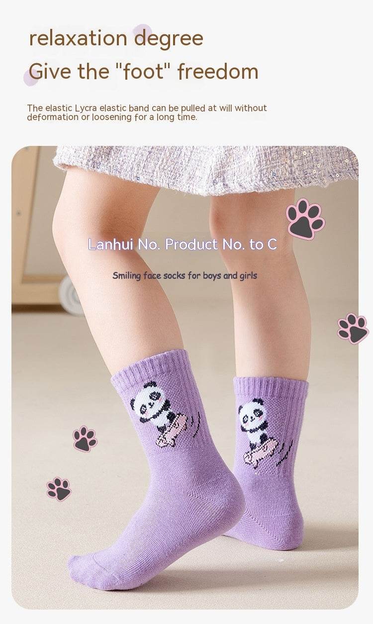 Autumn And Winter Purple Panda Cartoon Mid Tube Cotton Boys And Girls Athletic Socks - Mubimart