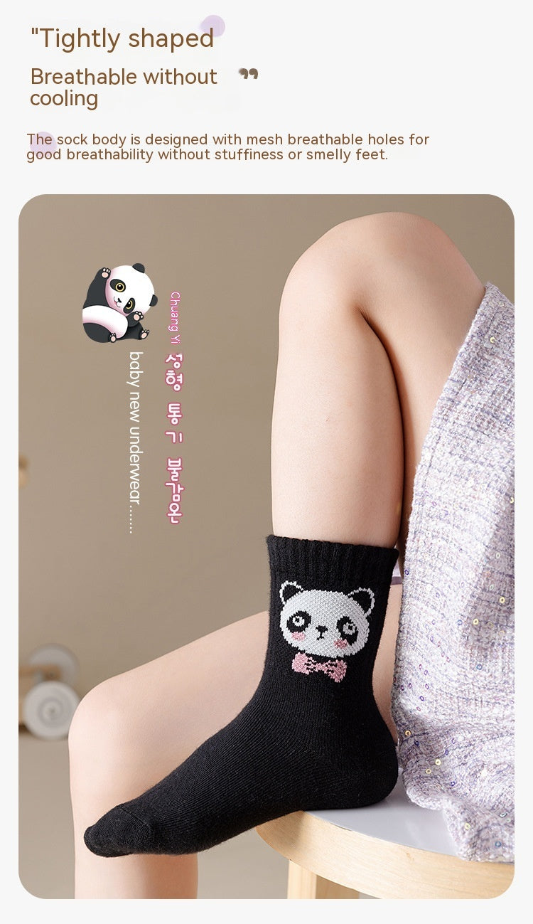 Autumn And Winter Purple Panda Cartoon Mid Tube Cotton Boys And Girls Athletic Socks - Mubimart -  