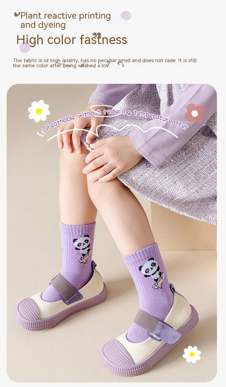 Autumn And Winter Purple Panda Cartoon Mid Tube Cotton Boys And Girls Athletic Socks - Mubimart -  