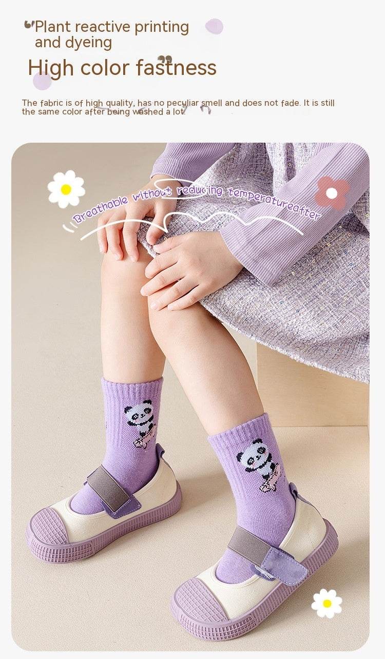 Autumn And Winter Purple Panda Cartoon Mid Tube Cotton Boys And Girls Athletic Socks - Mubimart