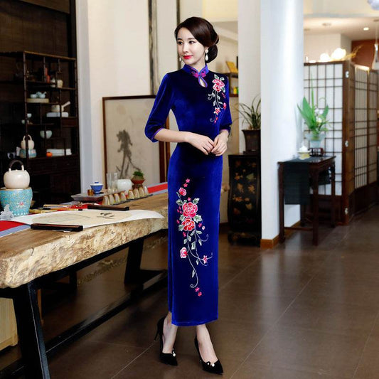Long Authentic Pleuche Cheongsam Young Plus Size - Mubimart