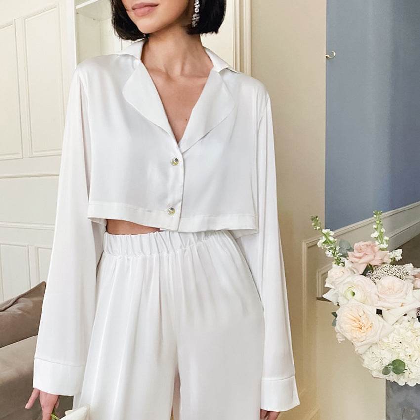 Fashion Short Top Two-piece Set Baggy Pajama Pants Ice Silk Ladies' Homewear - Mubimart