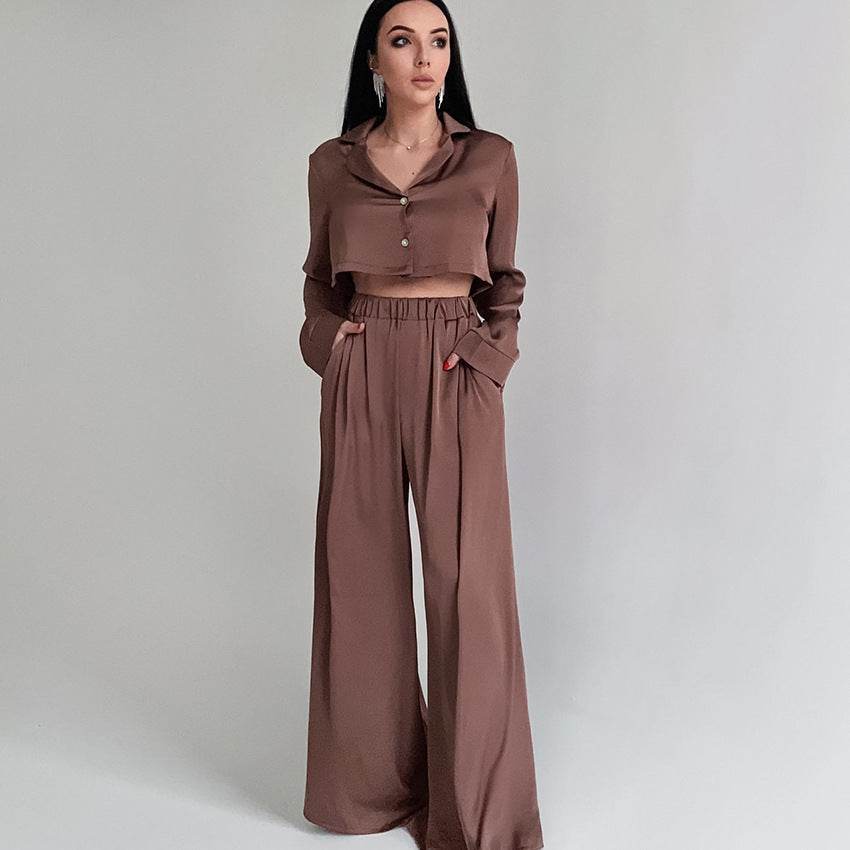 Fashion Short Top Two-piece Set Baggy Pajama Pants Ice Silk Ladies' Homewear - Mubimart