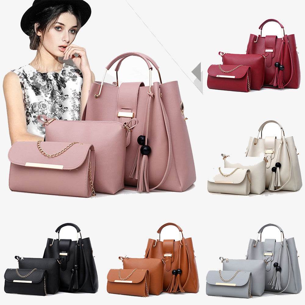 Women 3Pcs Or Set Handbags PU Leather Shoulder Bags Casual Tote Bag Tassel Metal Handle Designer Composite Bags - Mubimart