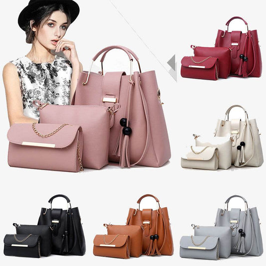 Women 3Pcs Or Set Handbags PU Leather Shoulder Bags Casual Tote Bag Tassel Metal Handle Designer Composite Bags - Mubimart