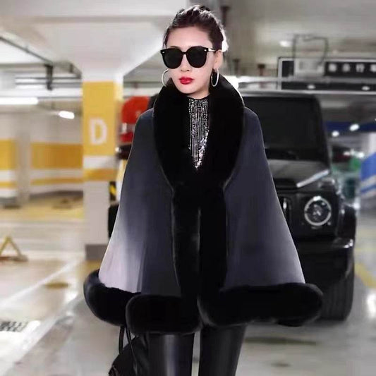 Plus Size Women's Knit Cardigan Jacket Fur Collar Gradient Shawl Cape - Mubimart