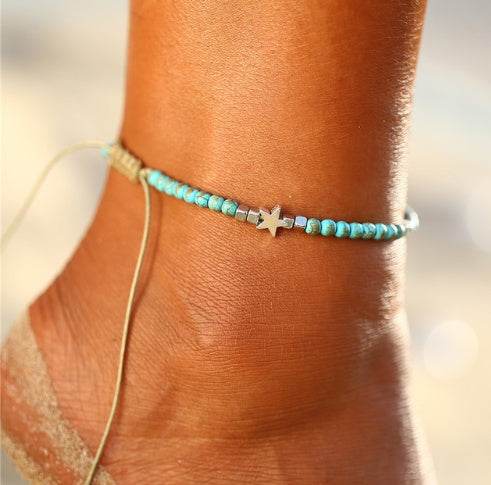 AY Bohemian Crystal Beads Anklet Set For Women Moon Pendant Bracelet on the Leg Ankle Strap Girl Summer Anklet Foot Jewelry - Mubimart