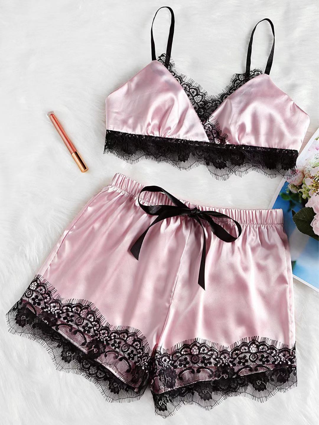 Lace Split Pajama Set - Mubimart -  