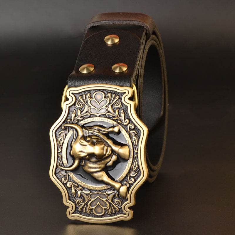 Men's Copper Buckle Head Layer Cowhide Plate Buckle Smooth Buckle Belt - Mubimart