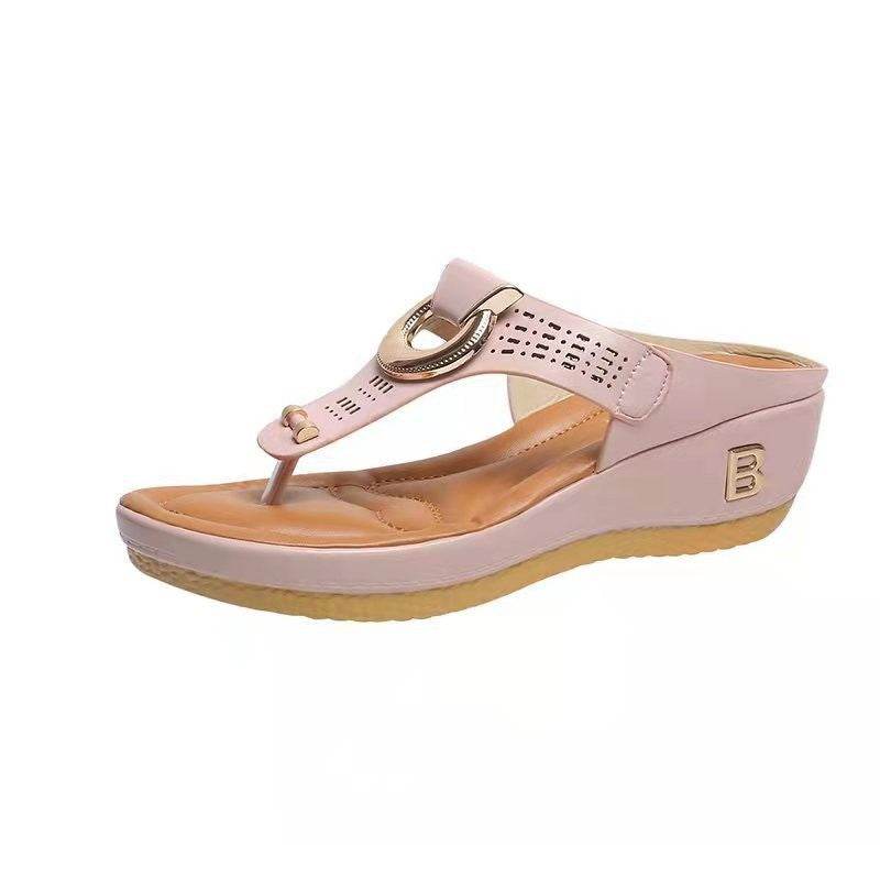 Thong Sandals Women High Heel Wedges Shoes Flip Flops Metal Decorative Slides Slippers - Mubimart