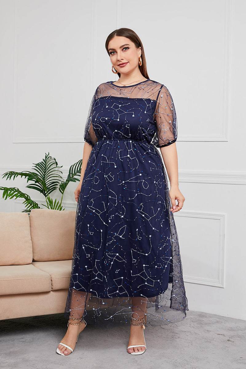 Plus Size Dress Evening Dress Women's Mesh Embroidered Midi Dress - Mubimart