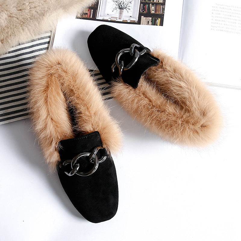 Rabbit fur and velvet cotton flats - Mubimart