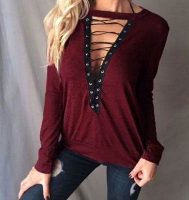 Large Size T Shirt Women Lace up Tops Bandage Long Sleeve V Neck Shirts - Mubimart