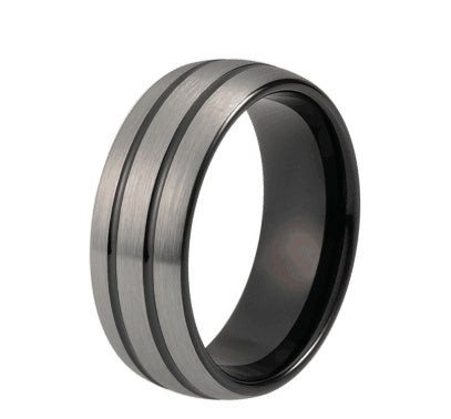 8mm Zwarte Tungsten Trouwring voor Mannen Vrouwen Koepel Dubbele Lijnen Zilveren Mat Bovenkant Midden Comfort Fit