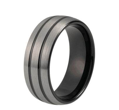 8mm Black Tungsten Wedding Ring for Men Women Dome Double Lines Silver Matte Top Center Comfort Fit - Mubimart
