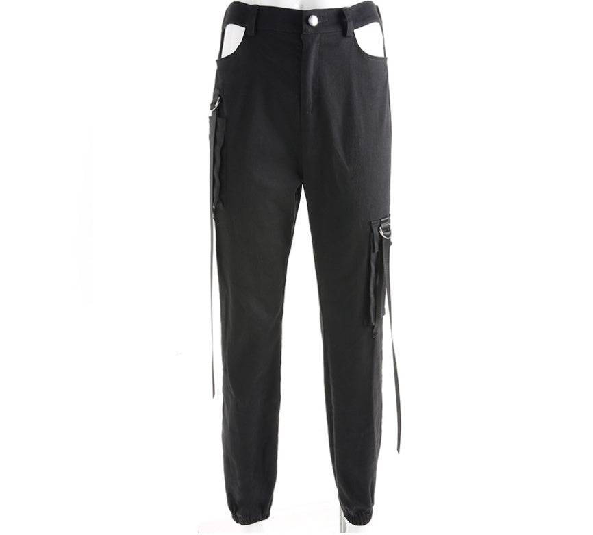 Women Black High Waist Pencil Pants Pockets Patckwork Hollow Out Pants Fashion Women Streetwear Cargo Pants Women Pants - Mubimart