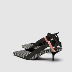 Boussac Stripe Kitten Heel Women Mules Pointed Toe Bowtie Women Sandals High Heels Summer Slip on Shoes Women SWC0112