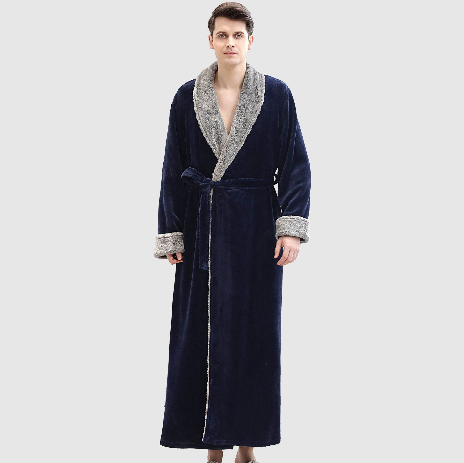 Men's Winter Plus Size Long Bathrobe Coral Fleece Full Length Pajamas - Mubimart