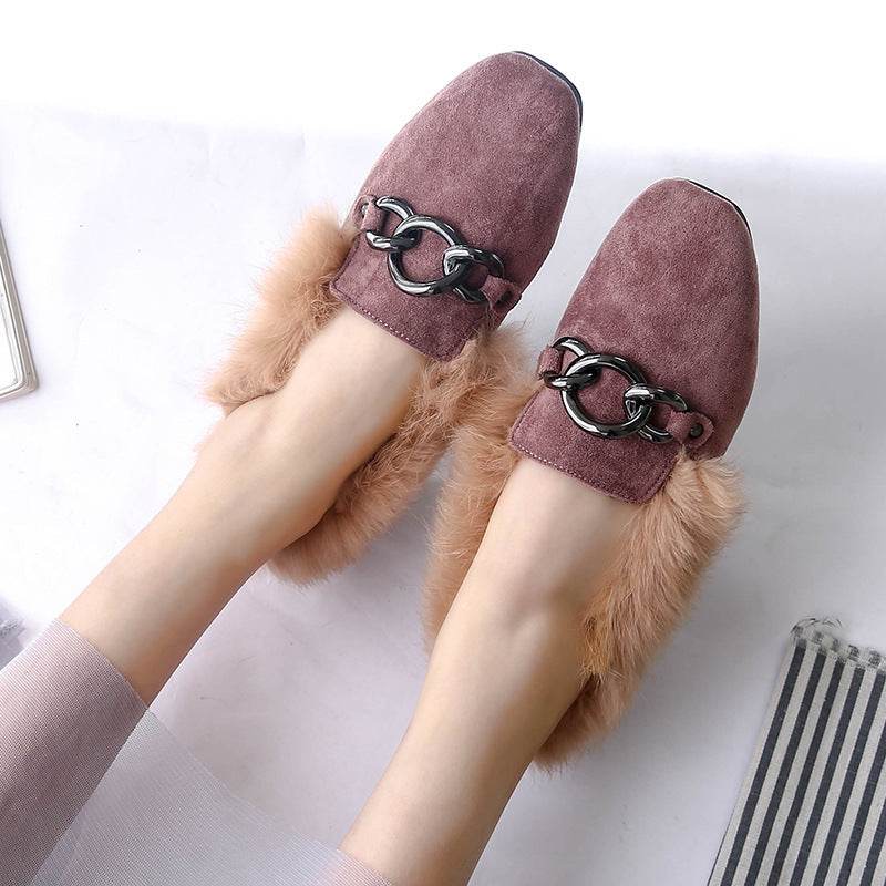 Rabbit fur and velvet cotton flats - Mubimart