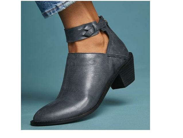 Women Cut Out Booties Buckle Strap Back Zipper Leather Ankle Casual Boots Female Shoes Calzado Mujer - Mubimart
