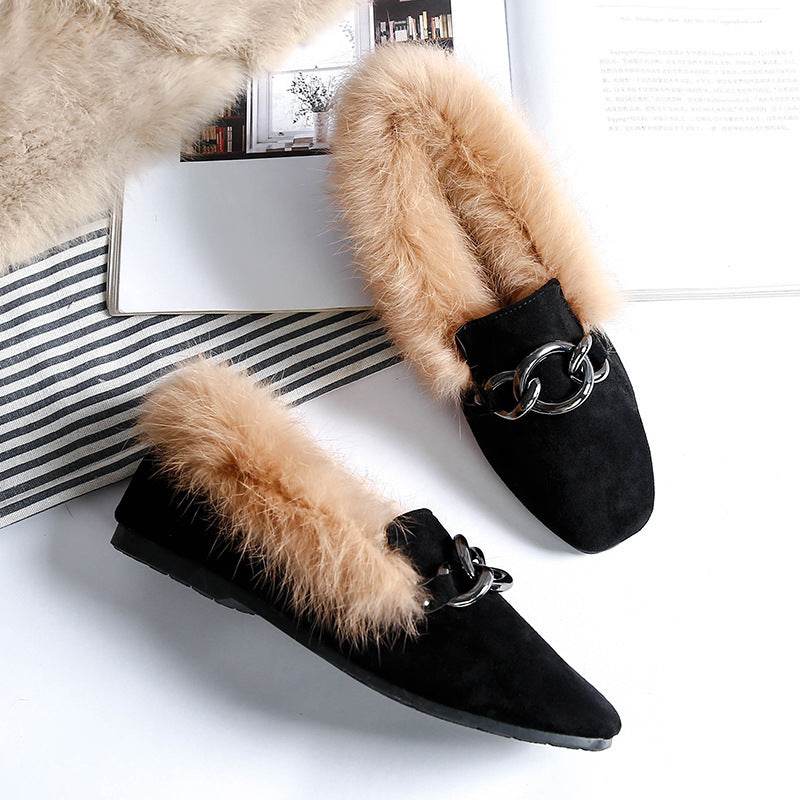 Rabbit fur and velvet cotton flats - Mubimart