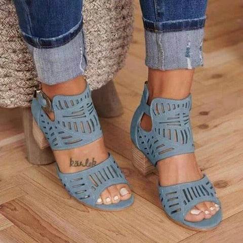 Cutout carved block heel sandals - Mubimart
