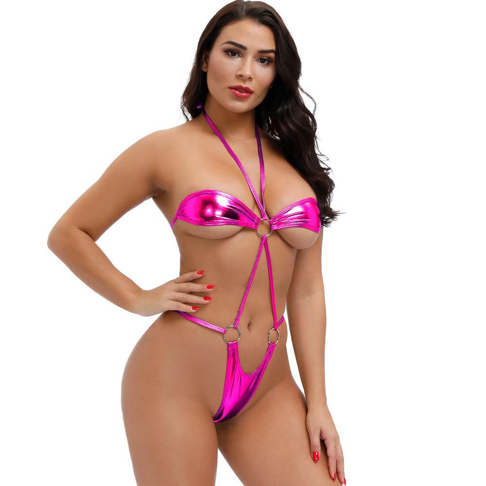 Seaside Imitation Leather Three-Point Bikini Bra T-Shirt Tie Suit Size Women - Mubimart