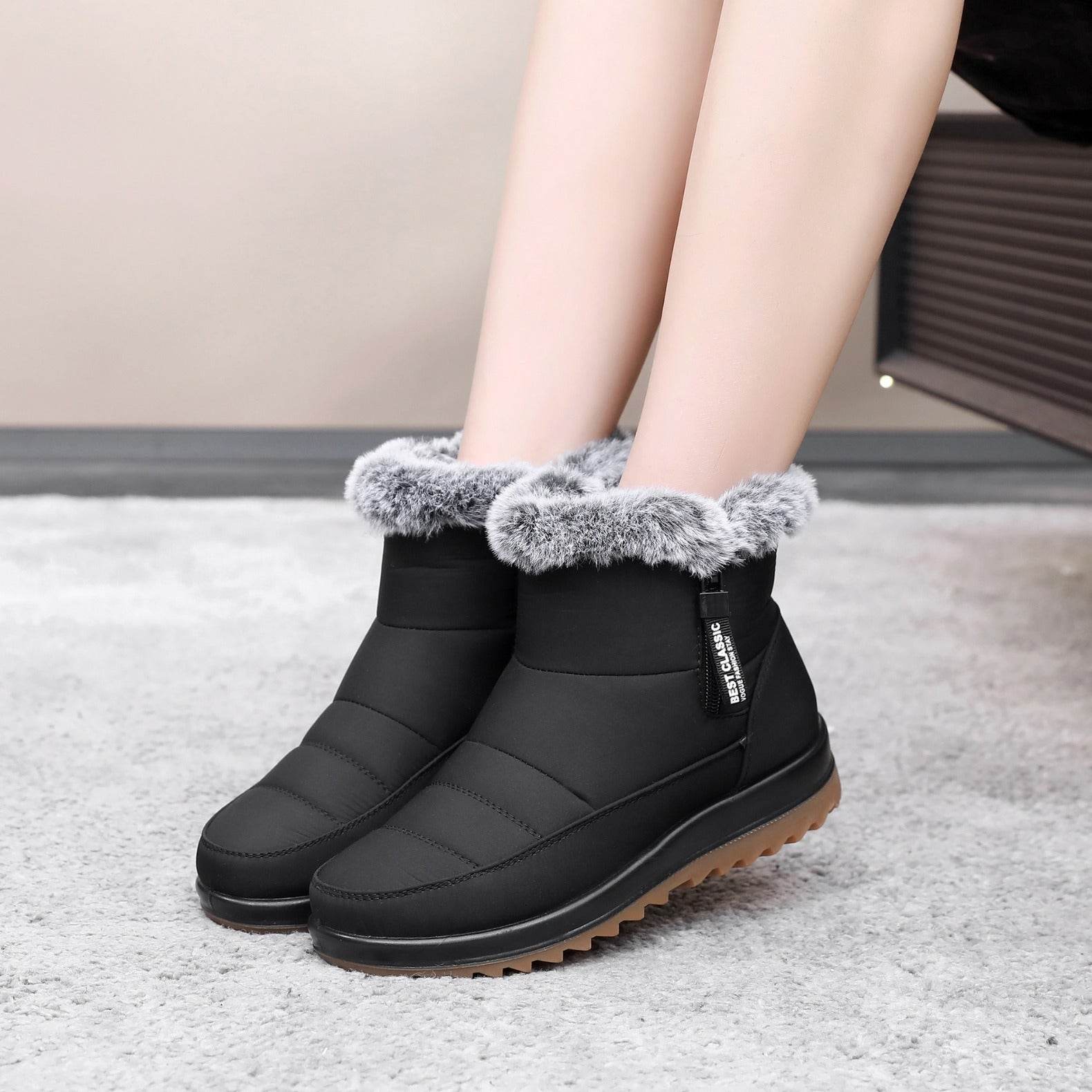 Winter Snow Boot With Side Zipper Fashion Warm Plush Ankle Boots Women's Fleece Short Shoes - Mubimart