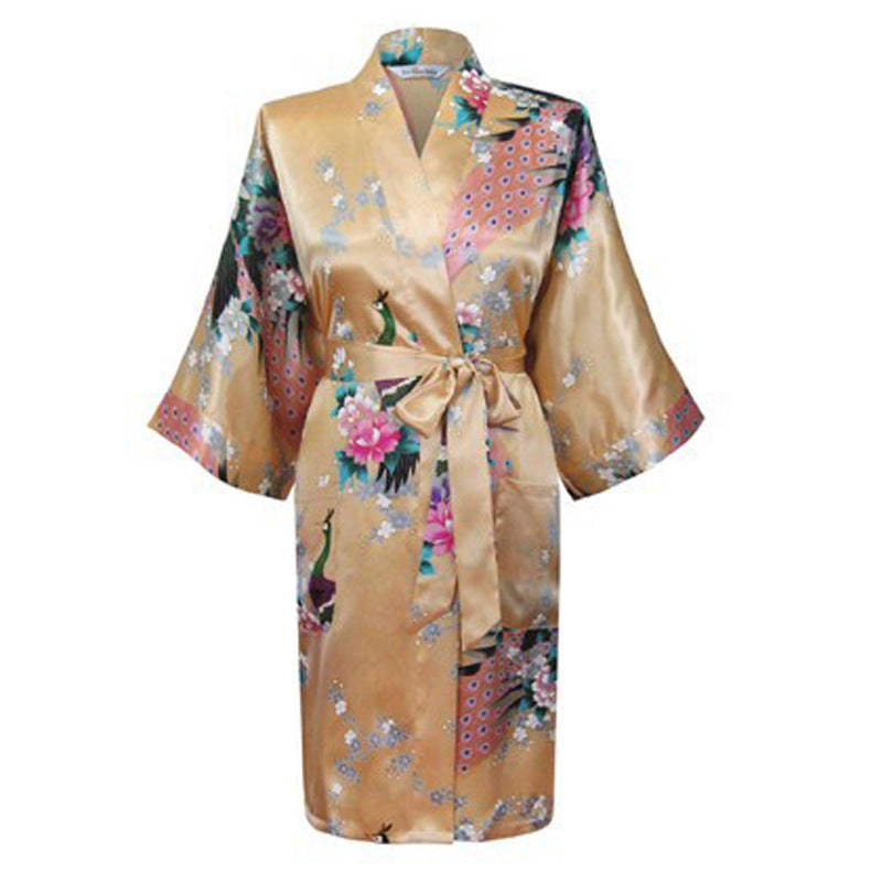 Silk nightgown peacock nightgown sexy cardigan - Mubimart -  