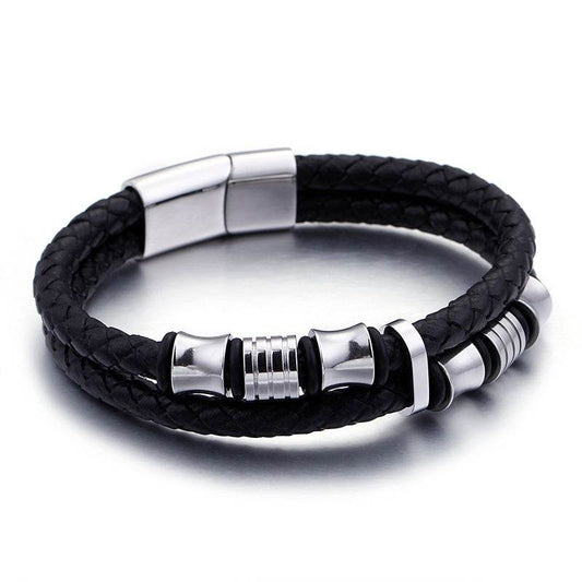 Gold Color Stainless Steel Leather Bracelet Men Black Mens Leather Wrap Bracelets Jewelry Wristband With Magnet Clasp - Mubimart