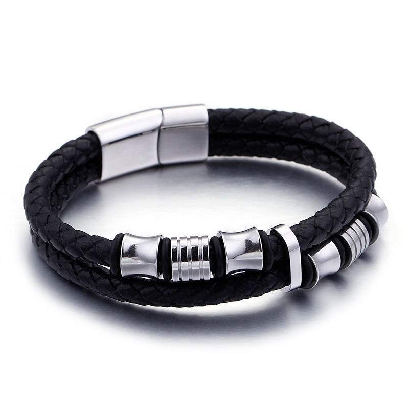 Gold Color Stainless Steel Leather Bracelet Men Black Mens Leather Wrap Bracelets Jewelry Wristband With Magnet Clasp - Mubimart
