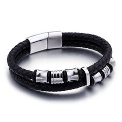 Goudkleurige roestvrijstalen leren armband voor heren Zwarte leren wikkelarmbanden voor heren Sieradenarmband met magneetsluiting