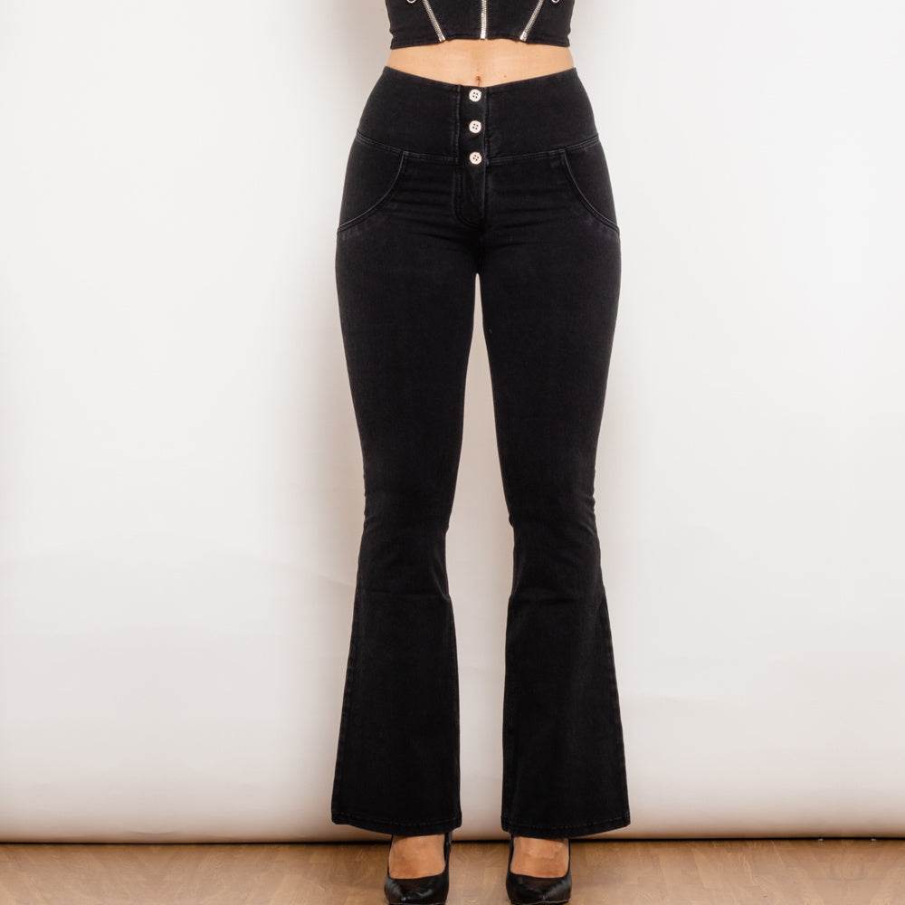 Shascullfites Melody Black Flared Lift Jeggings Button Up Flare Jeans Shaping Bum Lift Pants High Waist Jeans Women - Mubimart