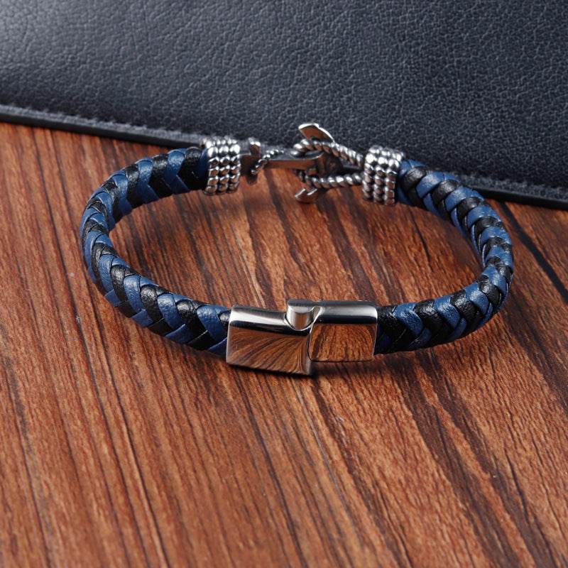 Mens Titanium Steel Bracelet Leather Braided Anchor - Mubimart